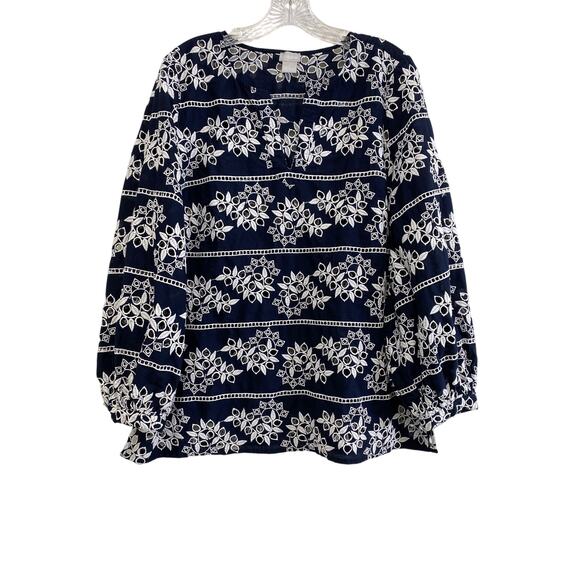 Chico’s Floral Embroidered Eyelet Tunic Top Womens Sz L Pullover Balloon Sleeves - Picture 2 of 13